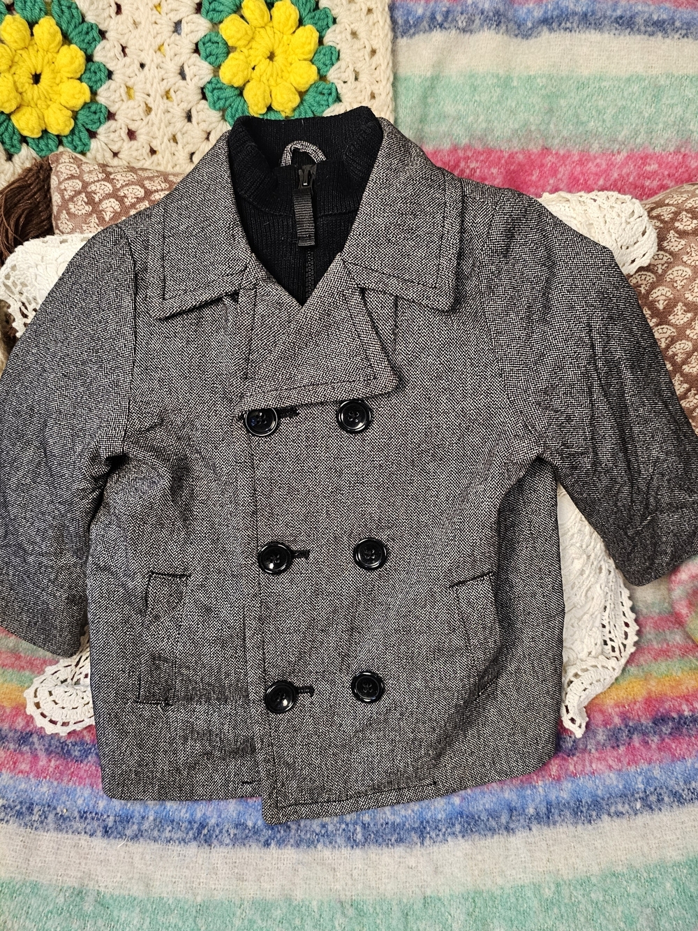 Cherokee Gray Herringbone Double-Breasted Pea Coat